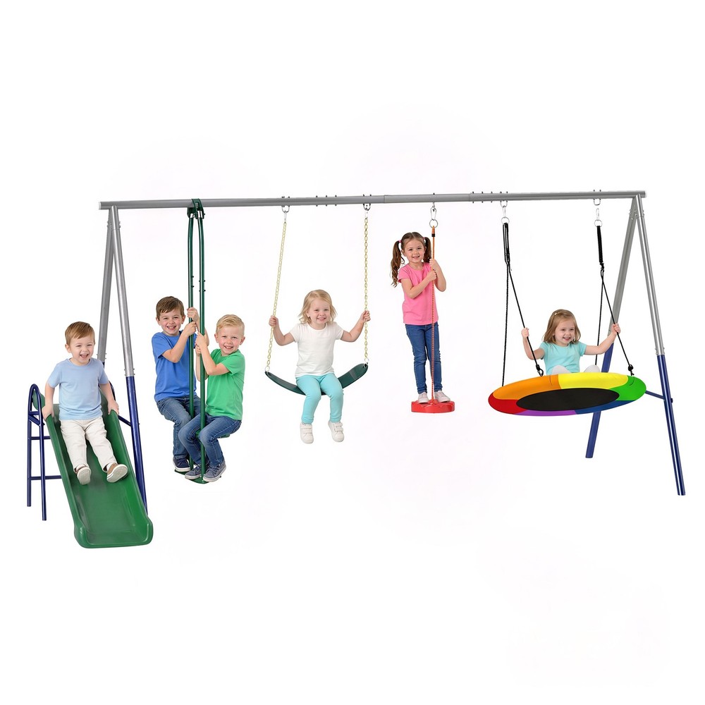 5-in-1 Kids Swing Set for Backyard with Slide, 770lbs Capacity, Mixed
