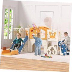 Toddler Slide Set with Basketball Hoop, Golf Game & Drawing Board, Blue&yellow