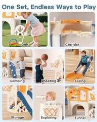 Toddler Slide Set with Basketball Hoop, Golf Game & Drawing Board, Blue&yellow
