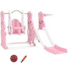 Qaba 4 in 1 Toddler Slide and Swing Set w/ Climber, Basketball Hoop, Pink