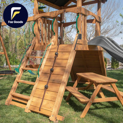 Endeavor II Cedar Wood Swing Set with Wave Slide Play Deck Double Rock Wall NEW