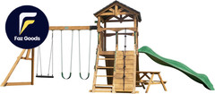 Endeavor Cedar Wood Swing Set with Wave Slide Play Deck Double Rock Wall NEW