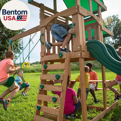 Belmont Cedar Wood Swing Set with Wave Slide, Play Deck, Rock Wall Ladder, Snack