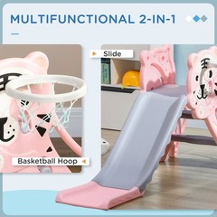 2 in 1 Toddler Slide for Indoor with Basketball Hoop Pink