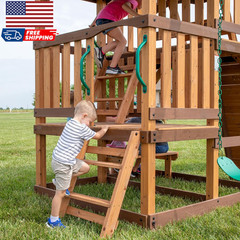 Highlander Cedar Wood Swing Set with Wave Slide Three-Story Clubhouse Rock Wall
