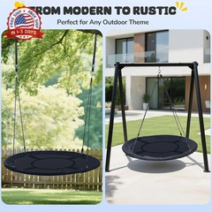 60 Inch Heavy-Duty Saucer Swing Seat Waterproof 900D Oxford Black 2 Hanging Stra