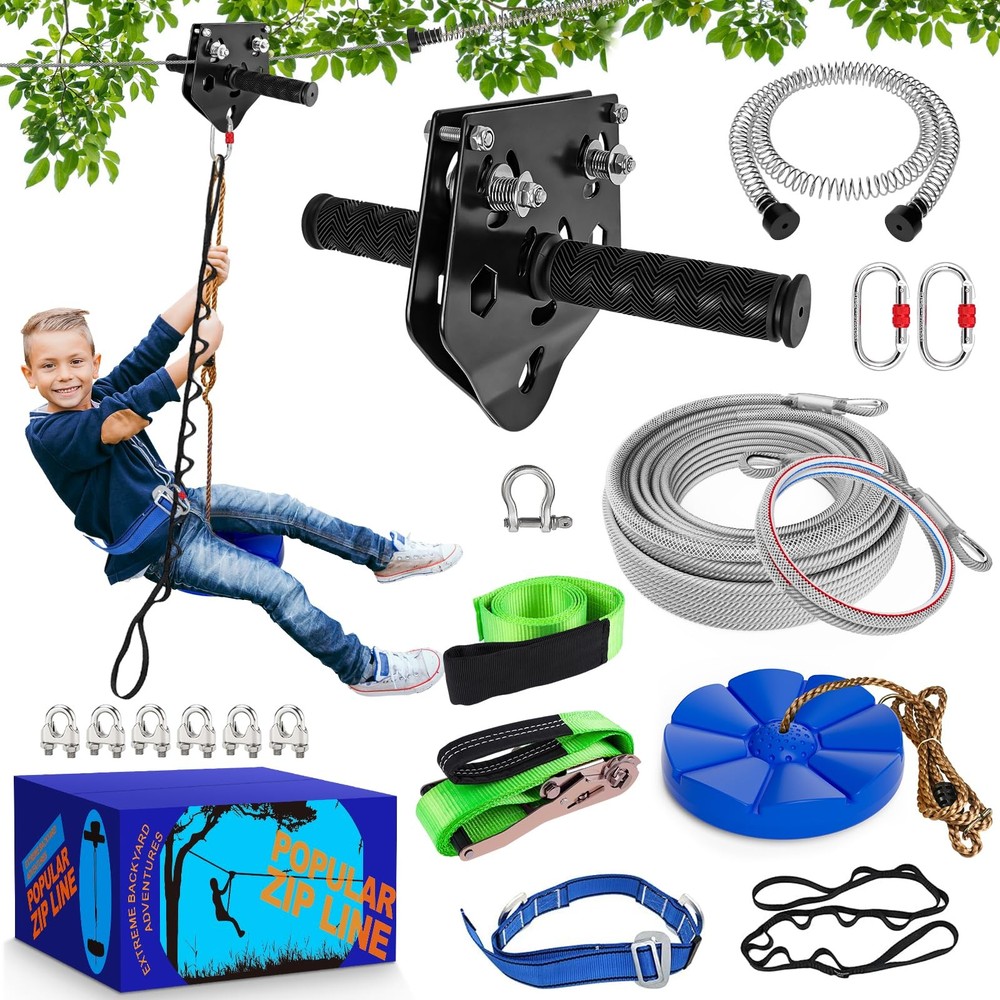 120ft 500lb Zip Line Kit Backyard Trolley Seat