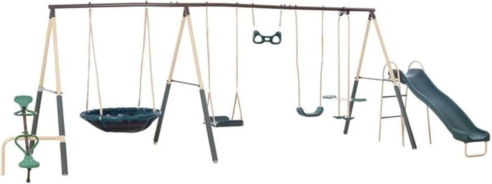 Deerfield Outdoor Swing Set with Slide, See Saw, Trapeze & Fun-Glidr