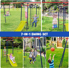 Swing Sets for Backyard, 7 in 1 Outdoor 660LBS A-Frame Heavy Duty Metal Swing St