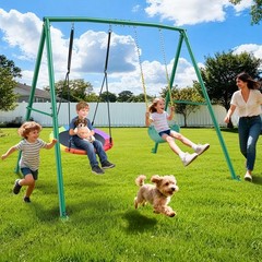 440lb 2 Seats Metal Swing Set Backyard Heavy-Duty Playset Kids Adults Swing Set