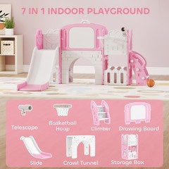 7 in 1 Toddler Slide Set, Frog Theme Outdoor & Indoor Playset, Pink