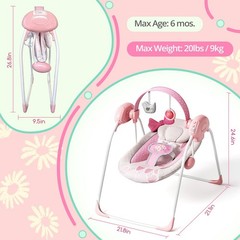 Portable Baby Swing, Pink Electric Infant Swing with 5 Speed Levels, 6 Songs …