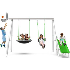 Super Saucer Hoop and Swing Outdoor Backyard Swing Set with Basketball Hoop, Sau
