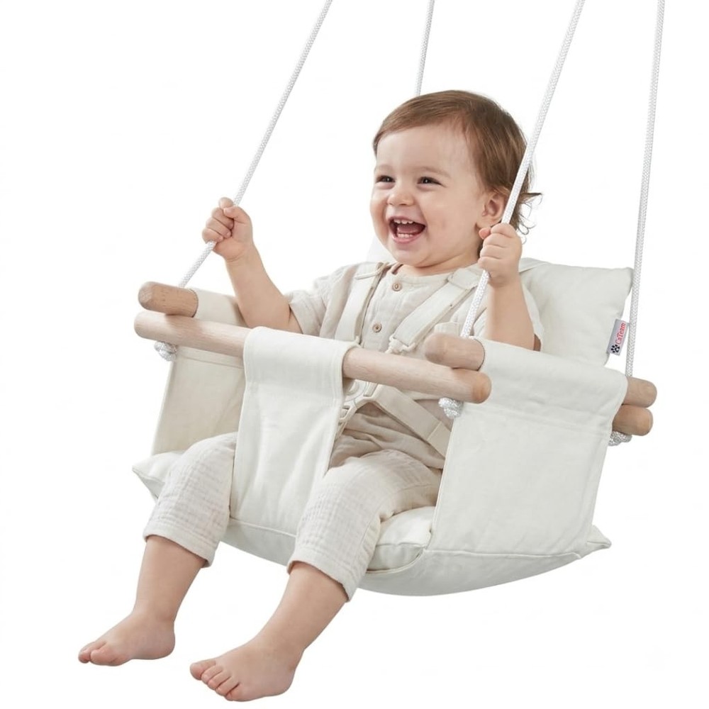 Columpio De Madera Y Lona Với Cinturon De Cinco Puntos Para Bebes Lujo