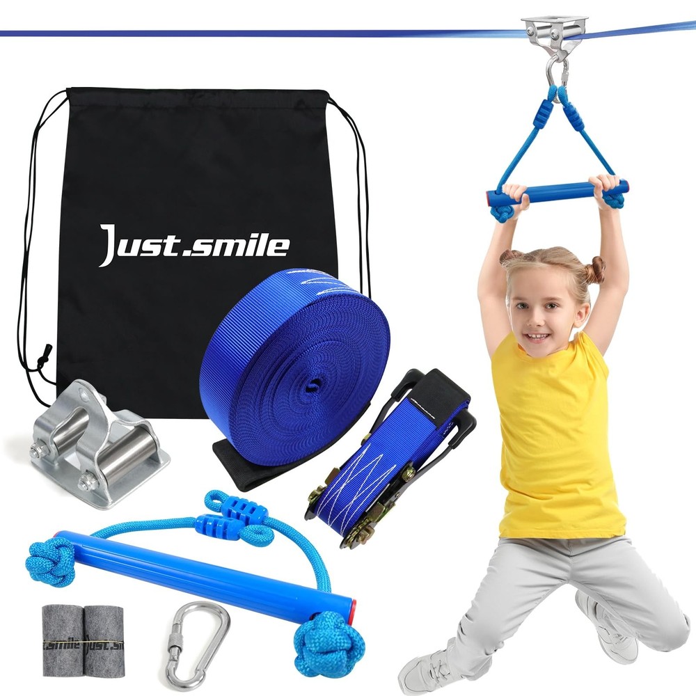 Kids Zip Line Kit with 60ft Slackline, Stainless Steel Pulley & Swing Seat for B