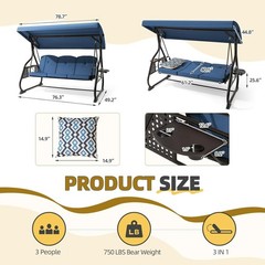3 Seat Outdoor Porch Patio Swing with Adjustable Canopy& Backrest,Outdoor