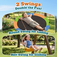 7in1 Metal Swing Set Kids Backyard Outdoor Playground Saucer Swing Seesaw Hoop