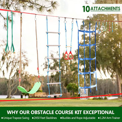 Ninja Warrior Obstacle Course for Kids Backyard – 2×50Ft Slackline Kit with 10 M