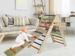 Pikler Triangle Ladder with Ramp & Slide, Foldable Wooden Climber for Toddlers