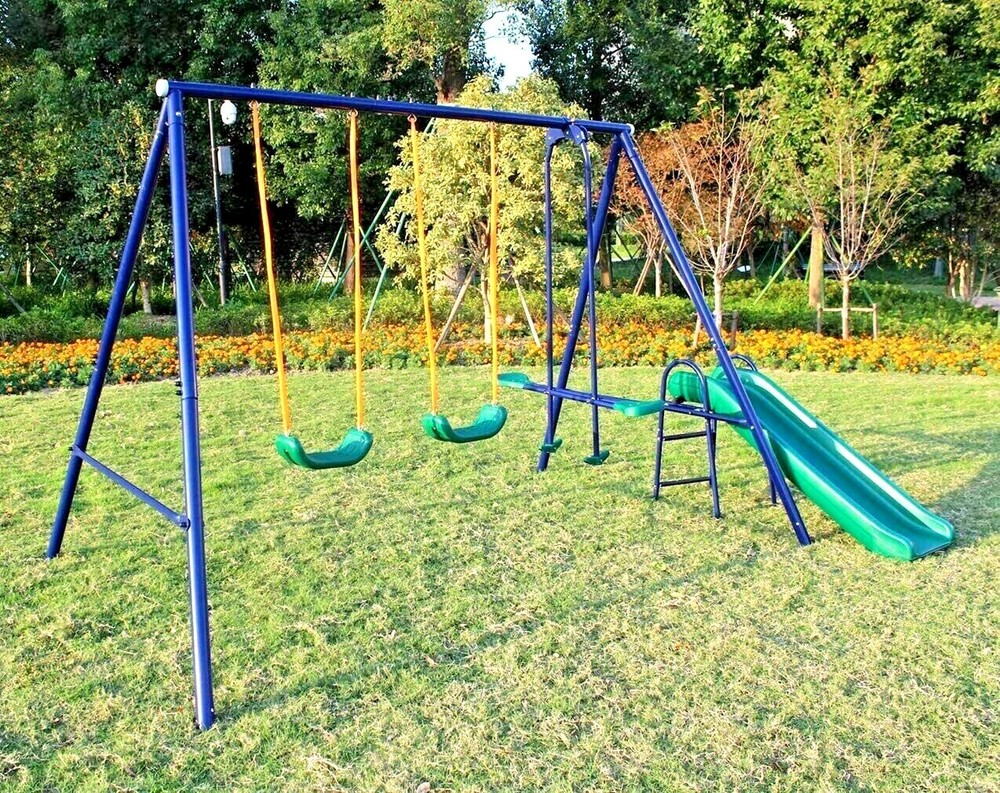 KLB Sport A-Frame Metal Swing Set w/ Slide (Blue,Green)