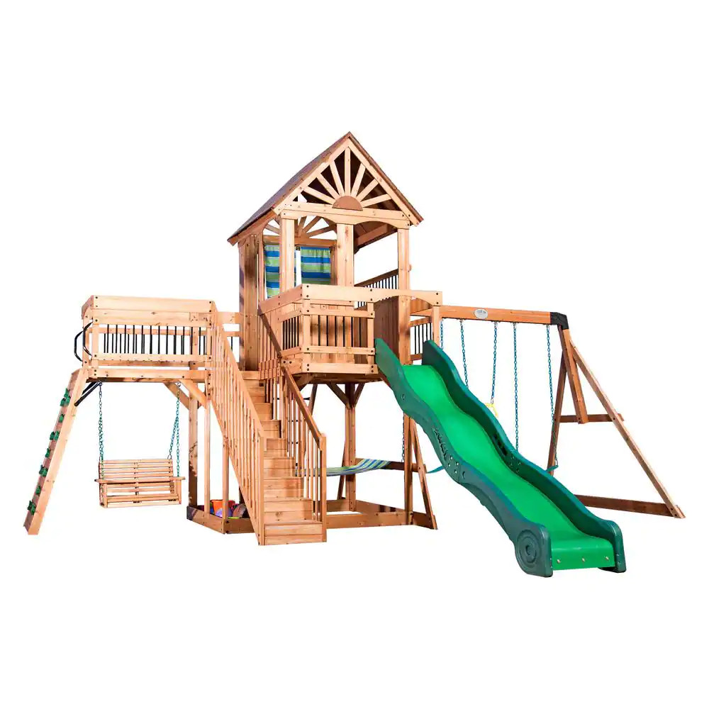 Outdoor Wooden Swing Set Toy Playhouse PlaySet with Slide Stairs All Cedar NEW