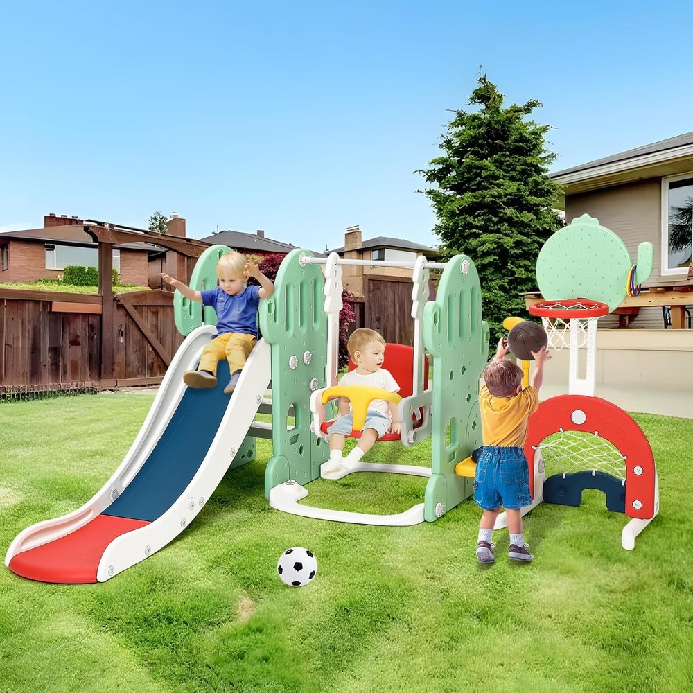 7-in-1 Toddler Slide&Swing Playset,Indoor Outdoor Kid Climber w Hoop&Games Green
