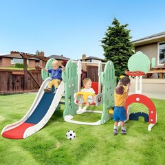 Toddler 7-in-1 Slide Swing Playground,Kids Climber Set w Hoop,Soccer&Golf Green