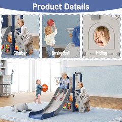 6 in 1 Toddler Slide with Basketball & Telescope, Indoor Playset for Age 1-3