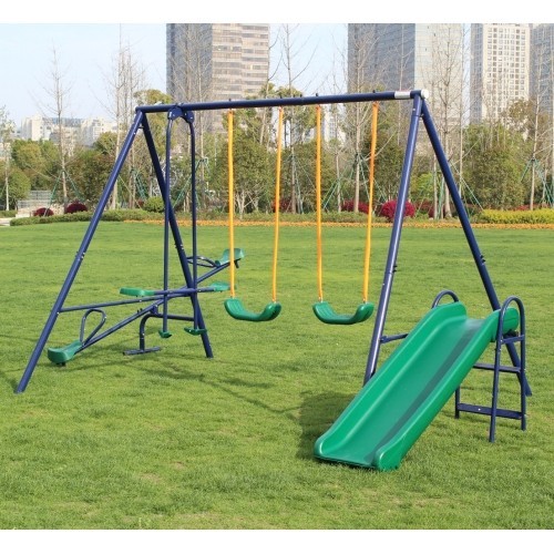 Metal Playground Swing Set Outdoor Kids Backyard Play w/Slide, Glider & Slide