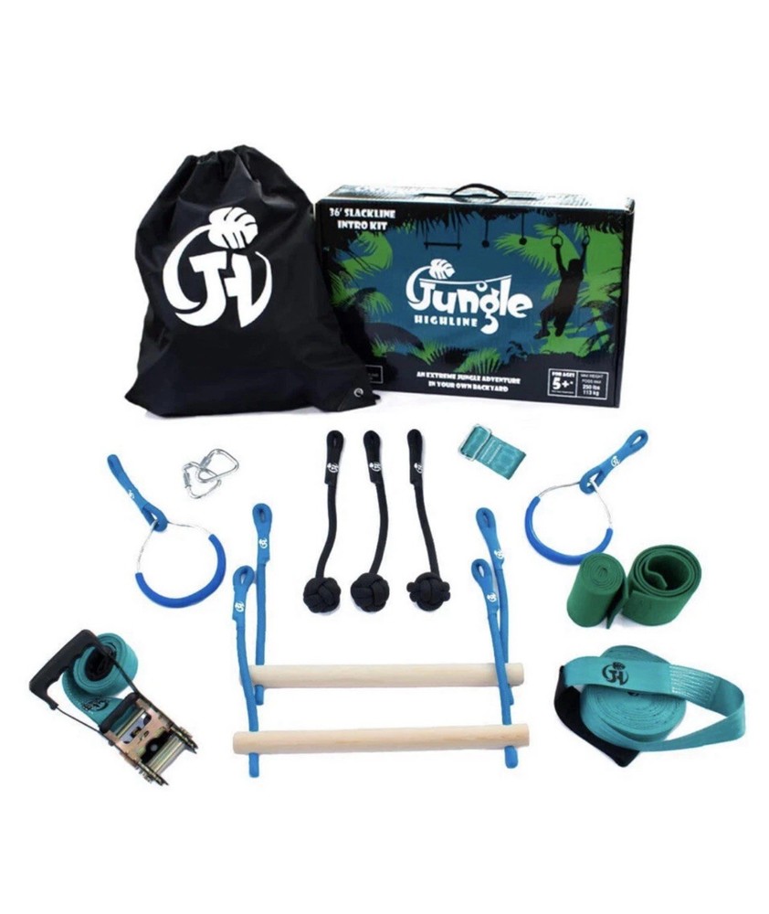 Ninja Obstacle Course 7 Obstacles Monkey bars Swing Rings 36’ Slackline Into Kit