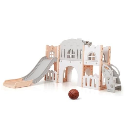 8 in 1 Toddle Slide Playset, Freestanding 69.5″L x 70″W x 40.5″H Pink-8 in 1