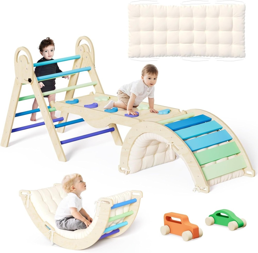 Pikler Triangle Set with Cushion, Montessori Climbing Set, Indoor Climb Toys,…