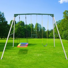 Hapfan 9.5ft Tall Heavy Duty Metal Swing Set for Kids with 3 Swings Trapeze Bar