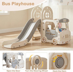 Toddler Slide and Swing Set, 5 in 1 Bus Themed Baby Slide with Climber Basketbal