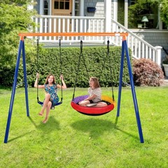 A-Frame Swing Set 500lbs Metal Kids 2in1 Saucer Belt