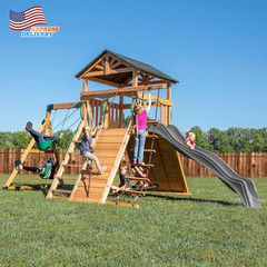 Cedar Wood Swing Set with Wave Slide Play Deck Double Rock Wall Rope Ladder NEW
