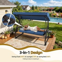 3 Seat Outdoor Porch Patio Swing with Adjustable Canopy& Backrest,Outdoor
