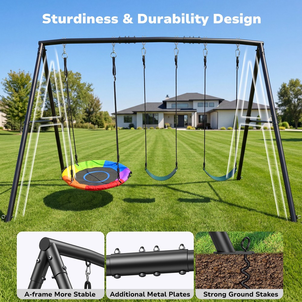 500lb Metal Swing Set Kids Adult Backyard Playset with 3 Swings Heavy Duty Frame
