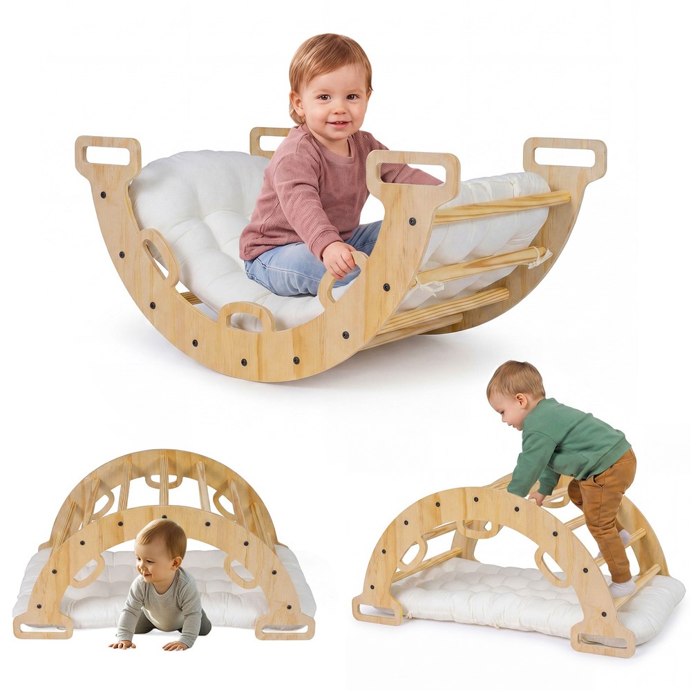 Wooden Rocking Climbing Arch w/Cushion, 3-in-1 Montessori Kids Climber Rocker
