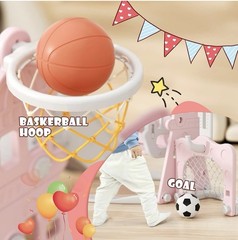 5-in-1 Pink & White Kids Playset: Slide Swing Climber Basketball Hoop Soccer
