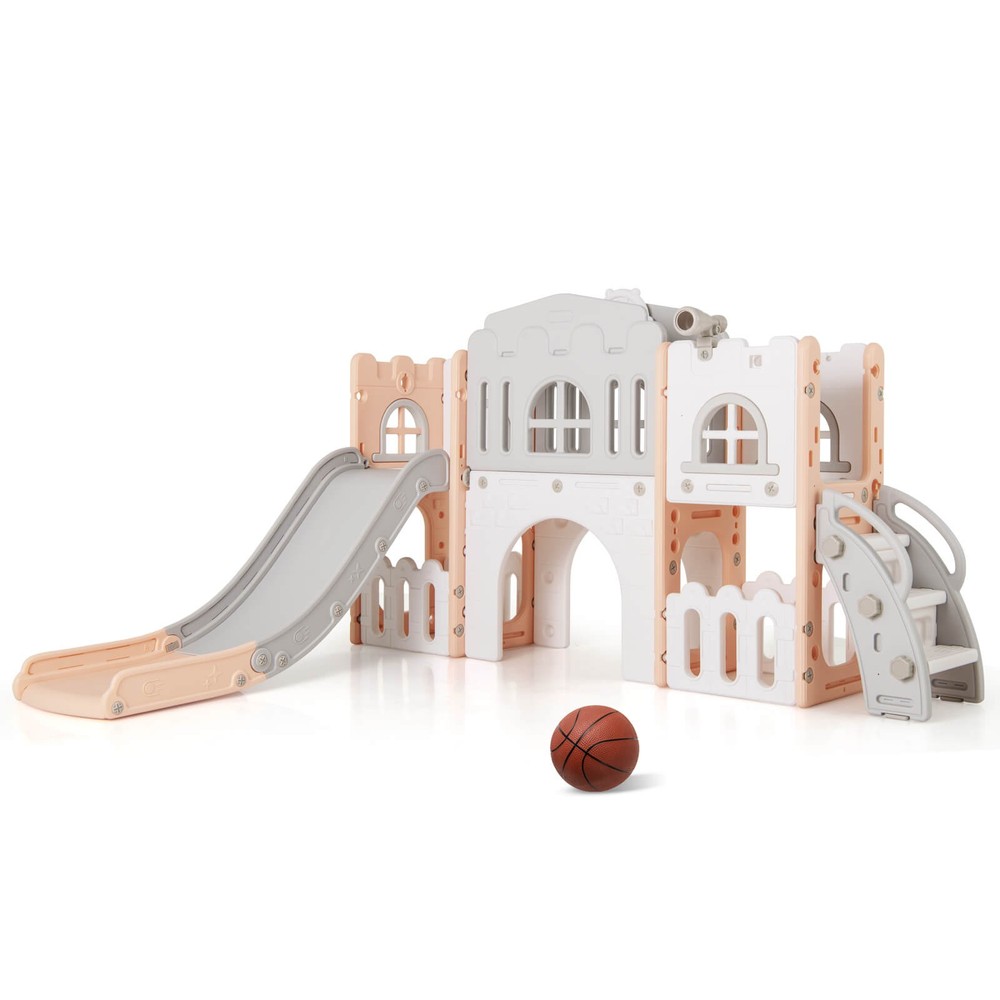 All in 1 Toddle Slide Playset Freestanding Kids Slide w/ Tunnel, Basketball Hoop
