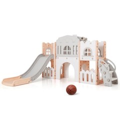 All in 1 Toddle Slide Playset Freestanding Kids Slide w/ Tunnel, Basketball Hoop