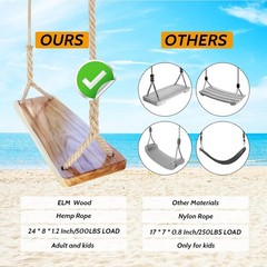 Wooden Swing 24″x 8″x 1.2,500lbs,Wooden Tree Swing Adjustable Hemp Rope &