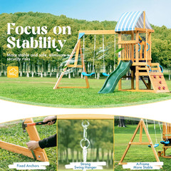 All-in-One Wooden Swing Set with Slide, Swings, Climbing Wall & More!