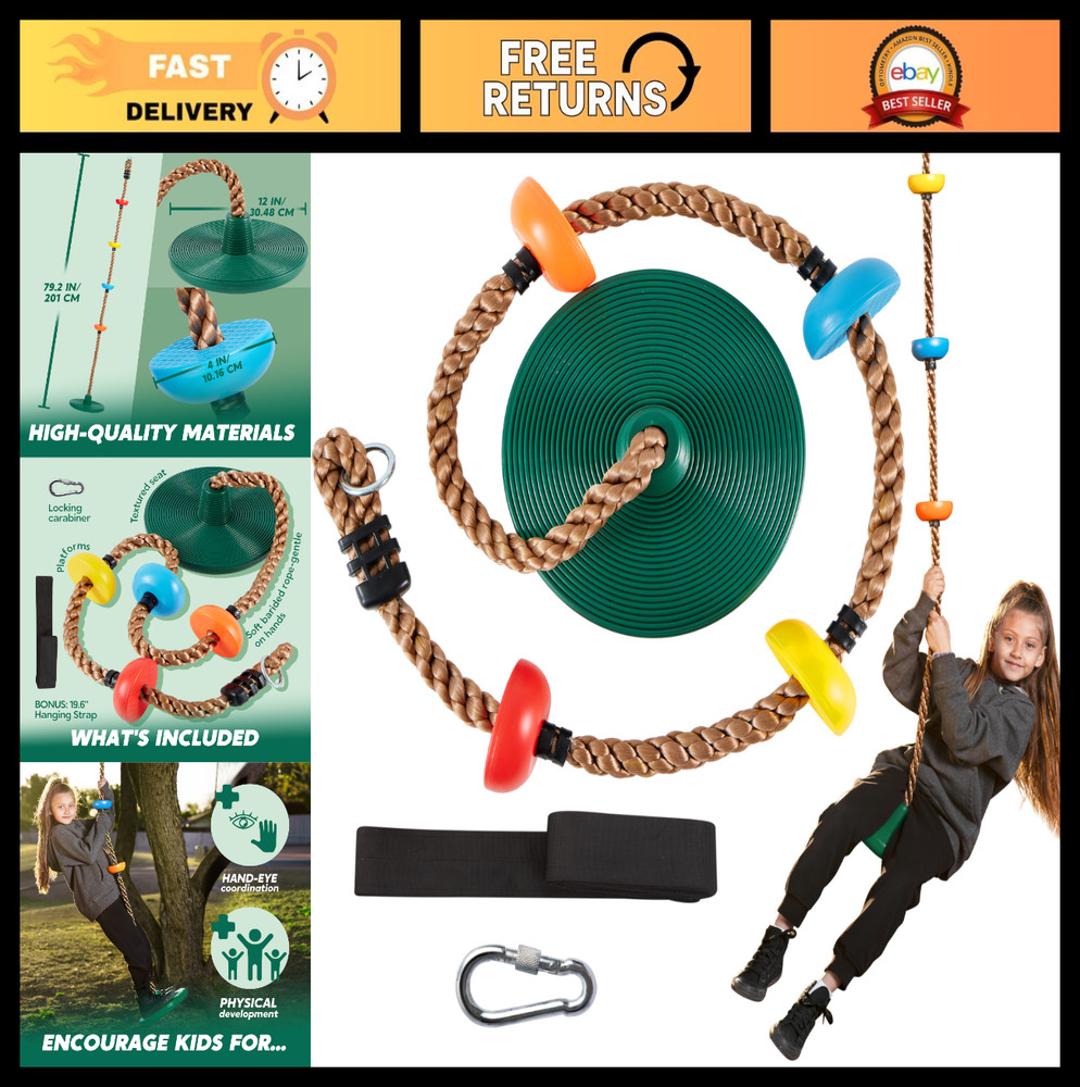 Kids Tree Swing – Single Disc Seat with Climbing Rope & Carabiner – Outdoor Play