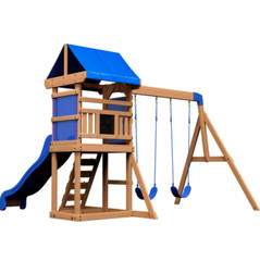 Kids Outdoor Wood Playground Swing Play Set W/ Clubhouse Slide Rock Wall Ladder