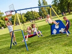 5in1 Kids Swing Set with Saucer Swing, Belt Swing, Basketball Hoop & Soccer Goal
