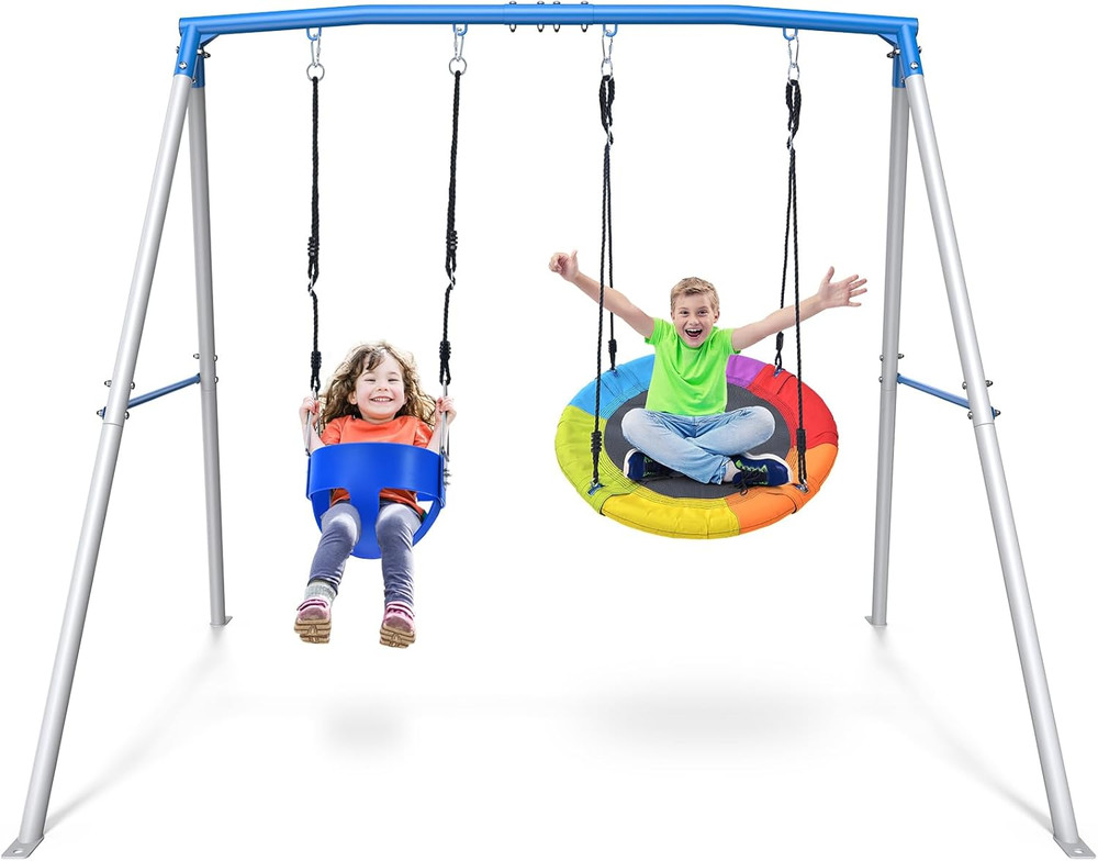 Heavy Duty A-Frame Swing Set with Saucer & Toddler Swing for Backyard Fun