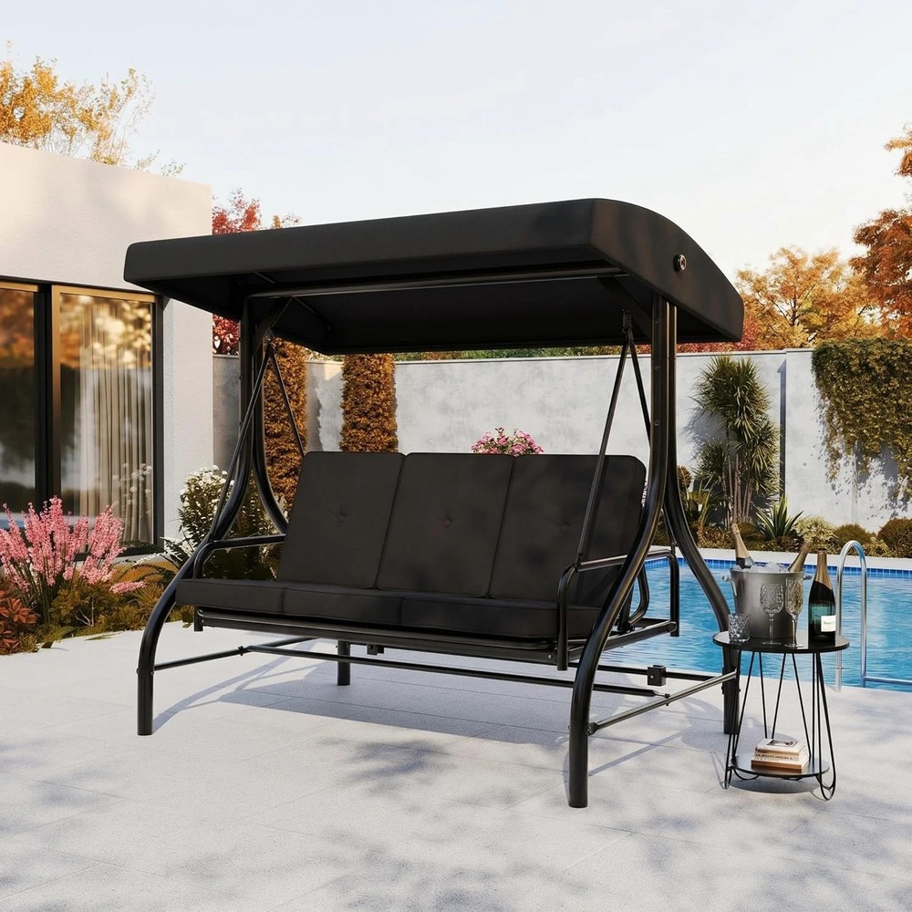 3-Seat Outdoor Porch Swing with Adjustable Canopy, Patio Swing Chair with Stand,