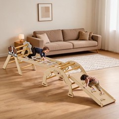 Natural Wood Made 4-in-1 Triangle Indoor Climbing Frame For Toddlers, Jungle Gym